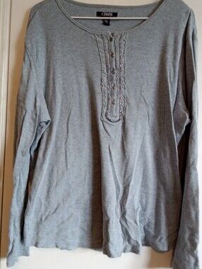 #6029 Chaps Gray Ruffle-Trim Henley Long Sleeve Top  - XL